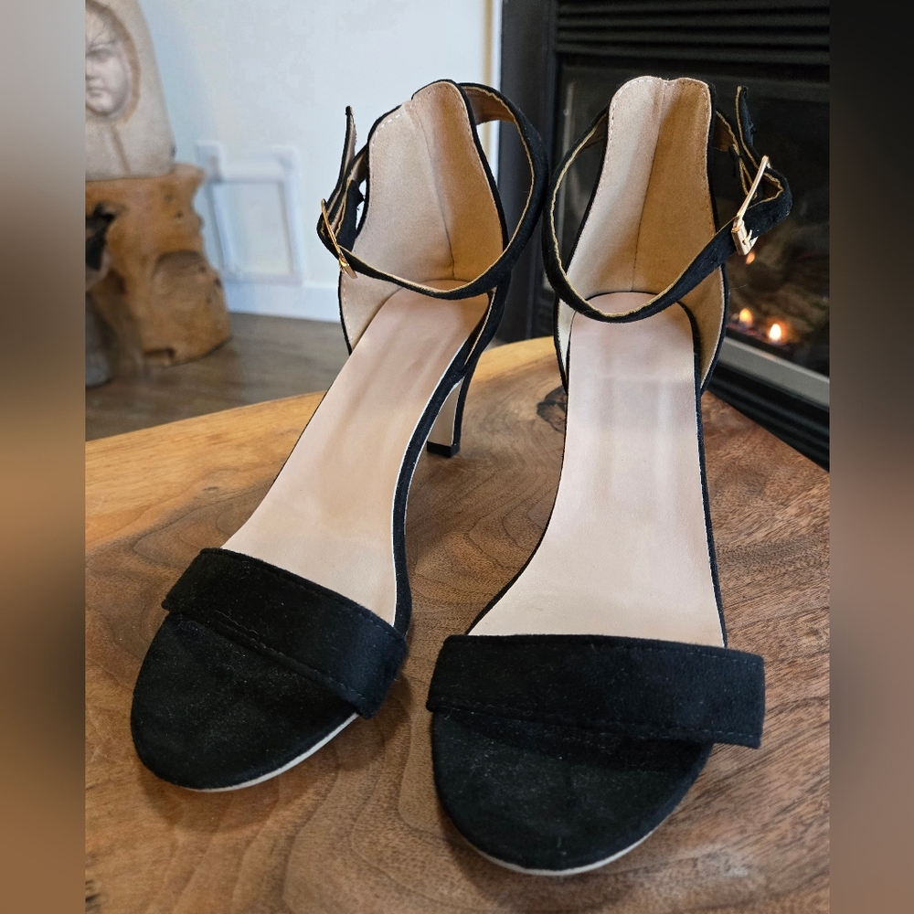 DONATED - Black Velvet Open Toe Sandals with 3" Heels and Adjustable Ankle Strap - Picture 4 of 11